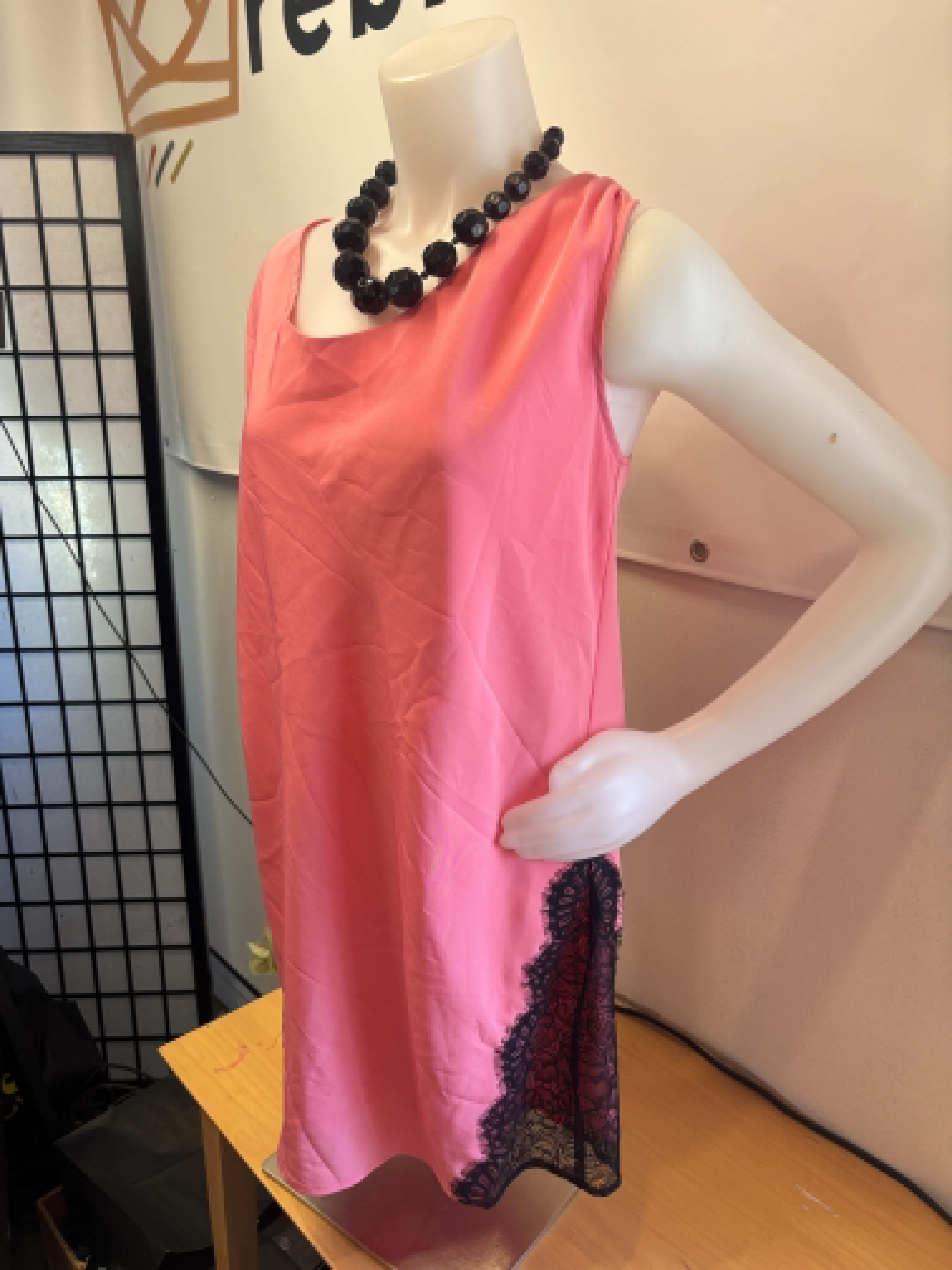 Central Park West Pink Shift Dress with Black Lace Panels - small oversized Slip