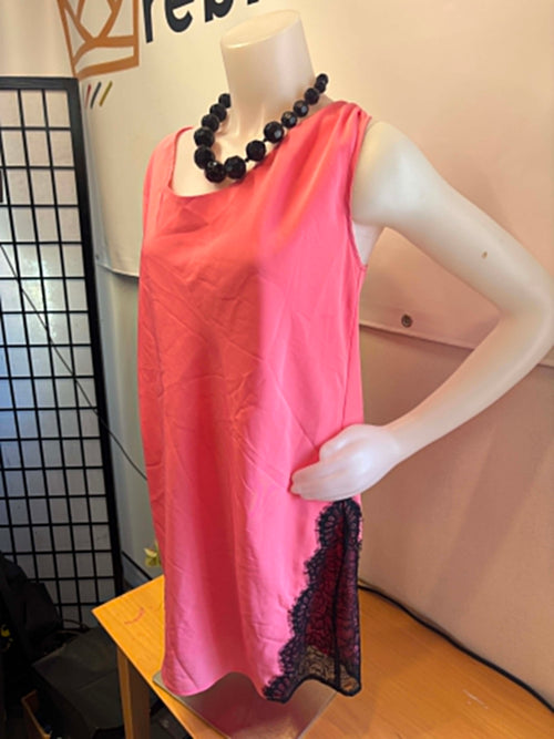 Central Park West Pink Shift Dress with Black Lace Panels - small oversized Slip