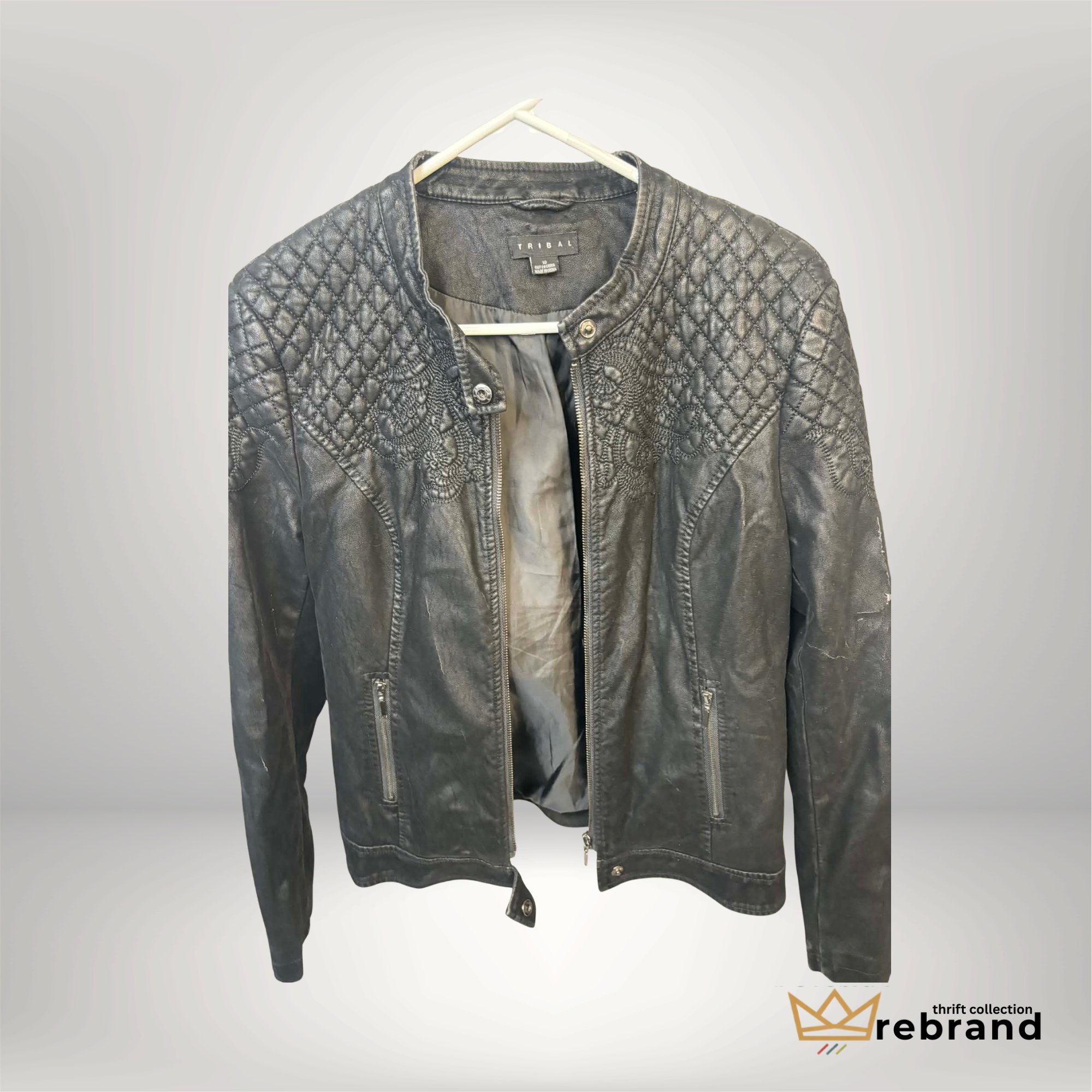Y2K Quilted Leather Jacket - Tribal - Black - Size Small-Med (1990-2000)