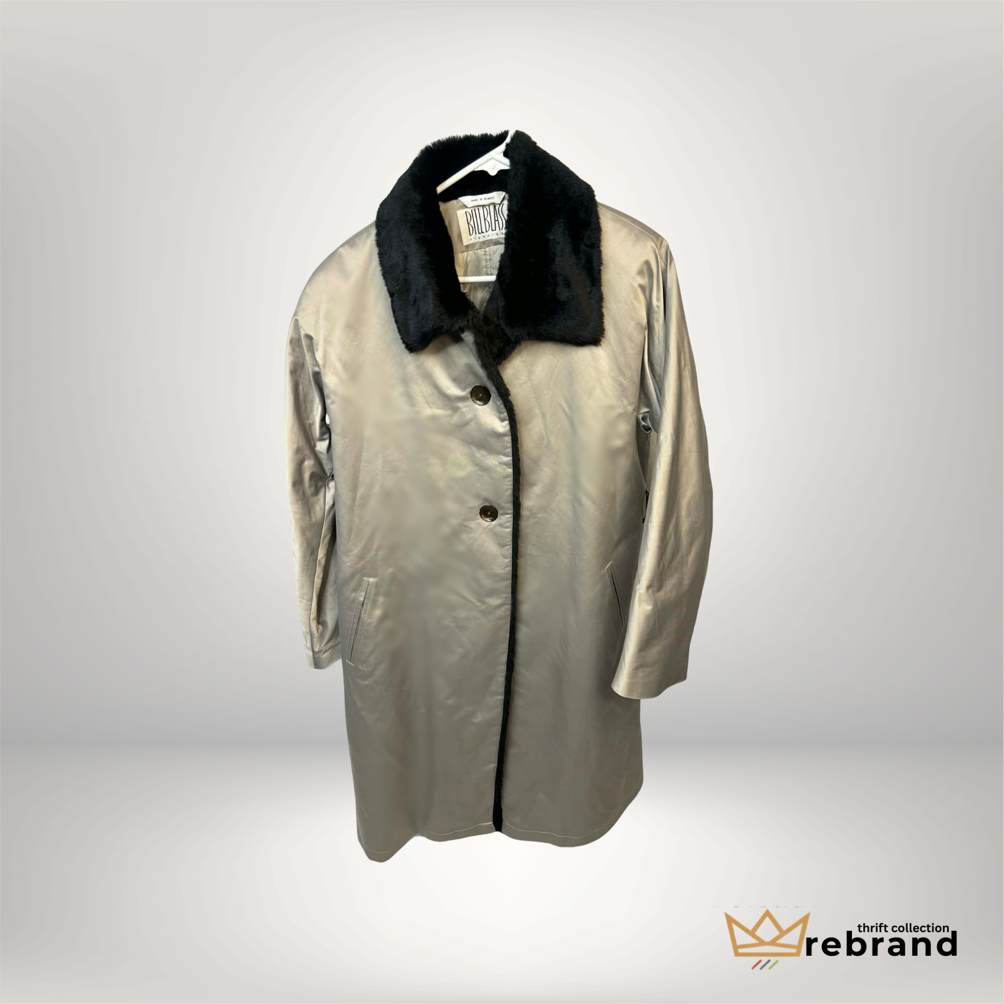 Y2K/ Early Vintage Long Coat with Faux Fur Collar- Chrome - "Bill Blass Signature" Size- med/Large (1990-2000)