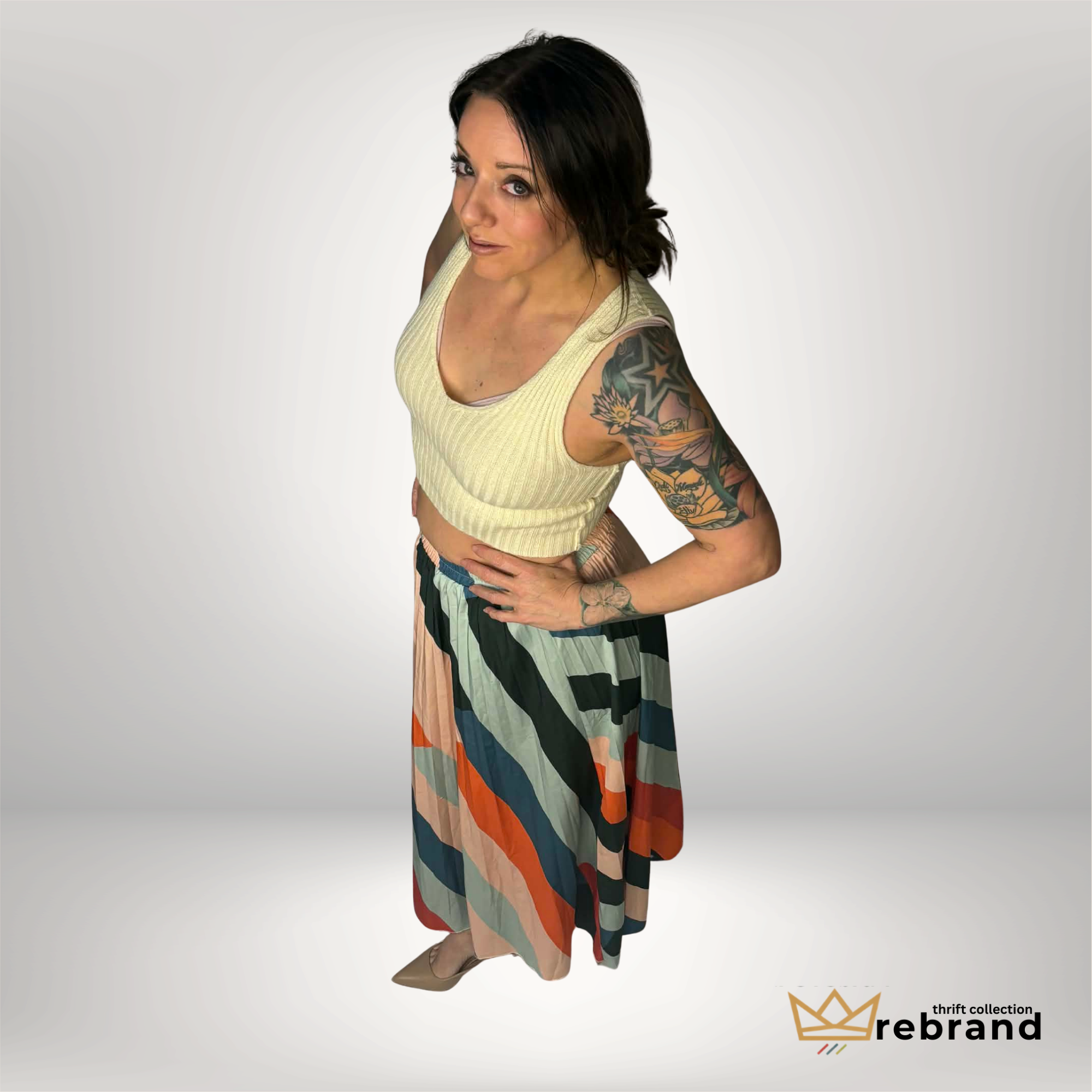 Abstract Stripe Midi Skirt – Elastic Waist Flowy Statement Skirt