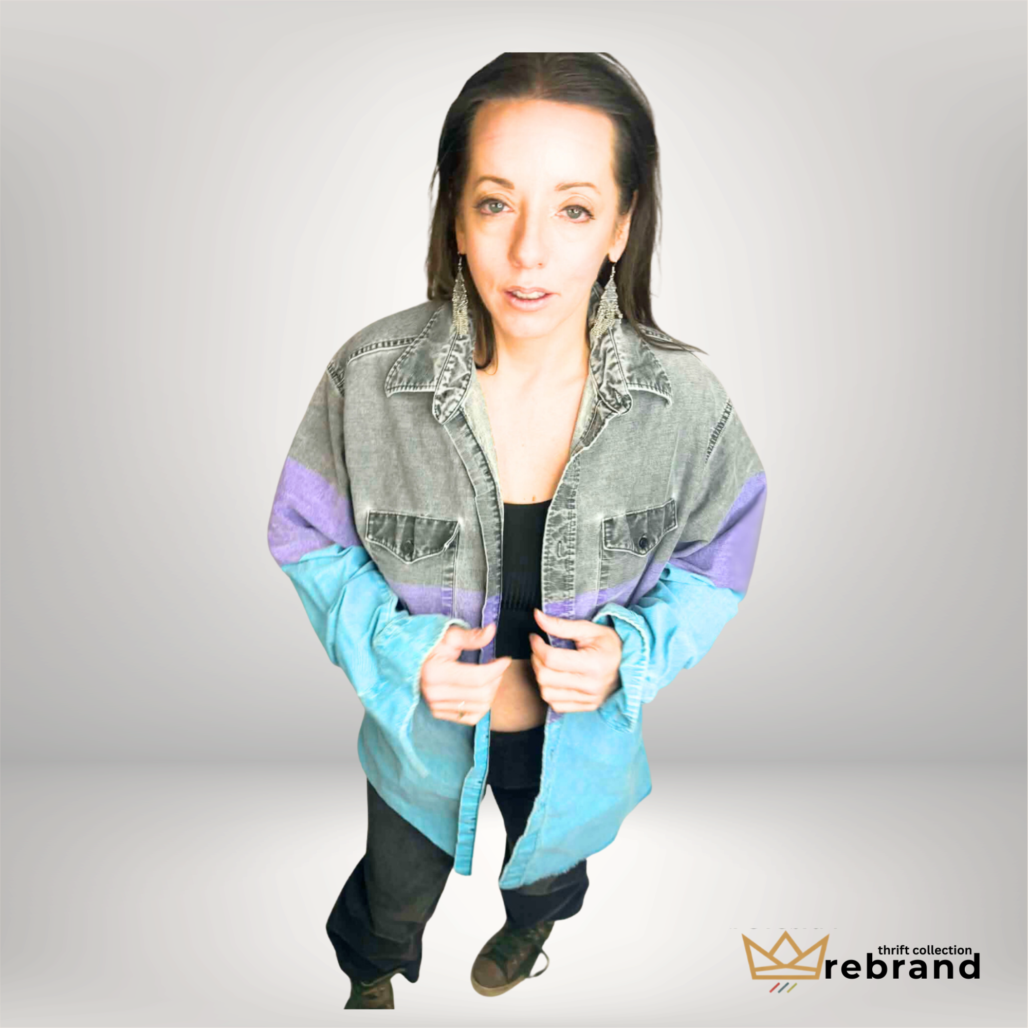 Y2K Denim Shirt Colour-Block— "Wrangler" - Grey //Teal/Purple- Size L (1998-2004)