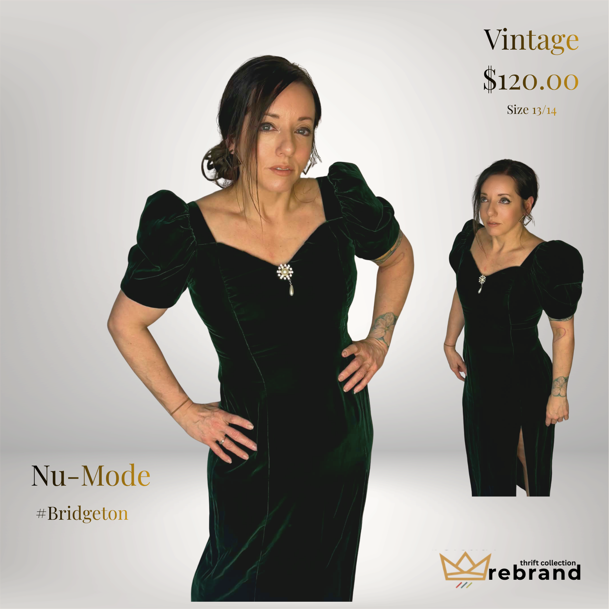 Vintage Emerald Velvet Dress – Nu-Mode Toronto – Pearl Brooch Detail – Puff Sleeve Evening Dress