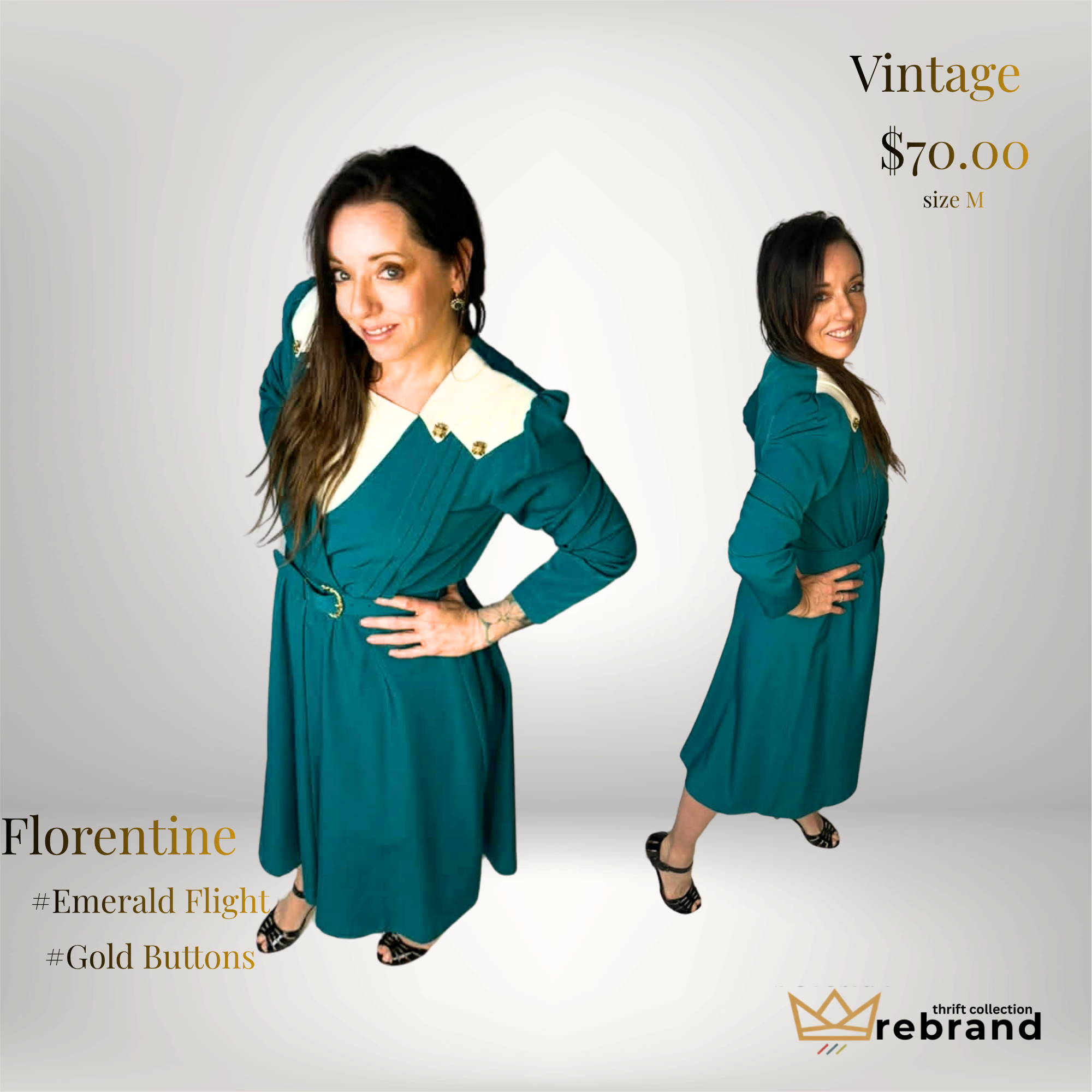 Vintage Florentine Emerald Belted Dress Gold Button Collar Size Medium