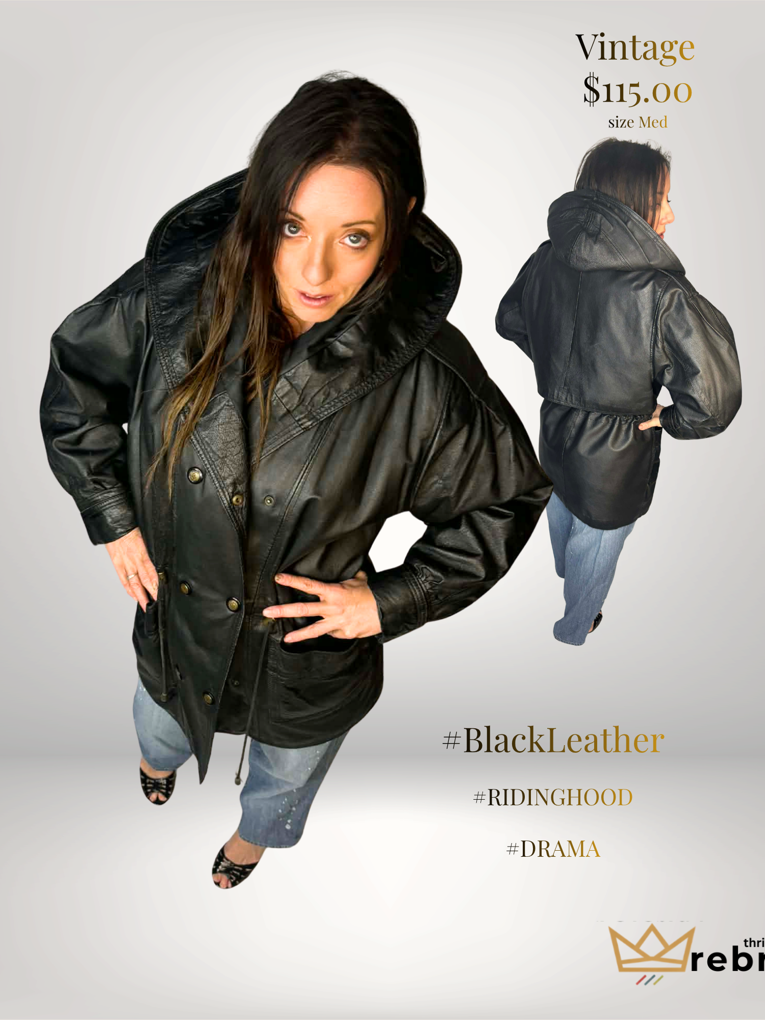 Vintage 1980s Cosa Nova Black Leather Hooded Jacket Coat Women’s Medium Oversized Statement Outerwear