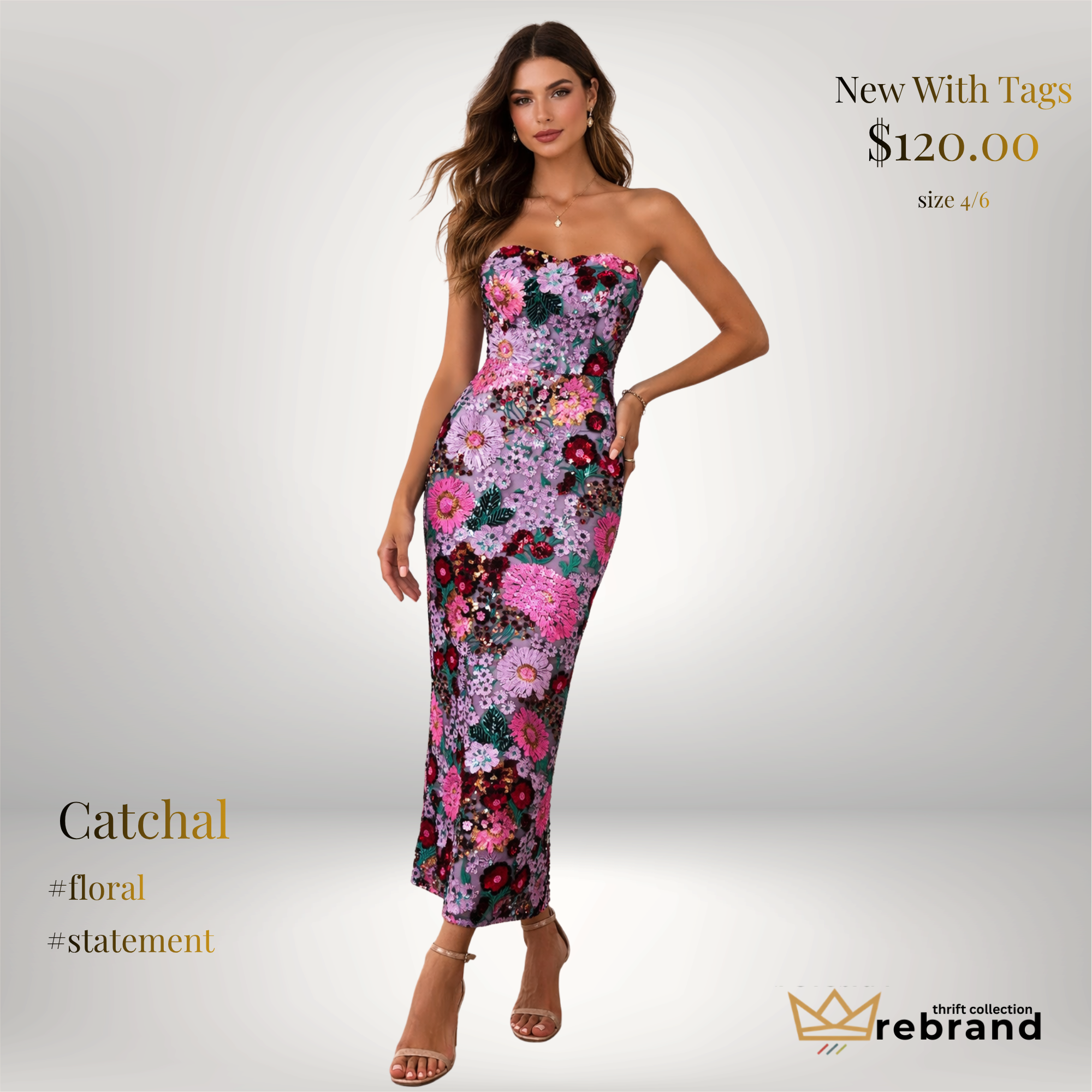 NWT CATCHAL Strapless Sequin Floral Maxi Dress – Statement Evening Gown