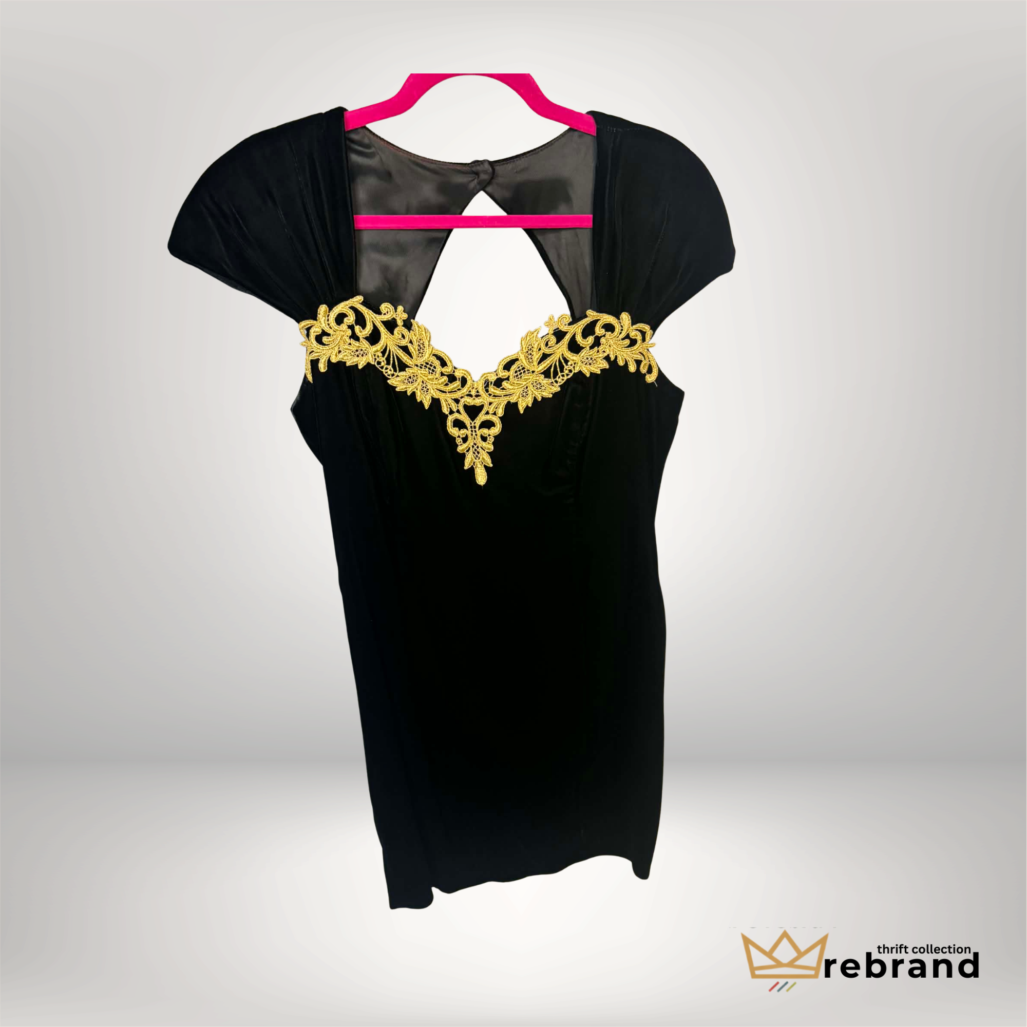 Vintage Black Velvet Dress – Zindor by ALCO – Gold Embroidered Neckline – Size M/L