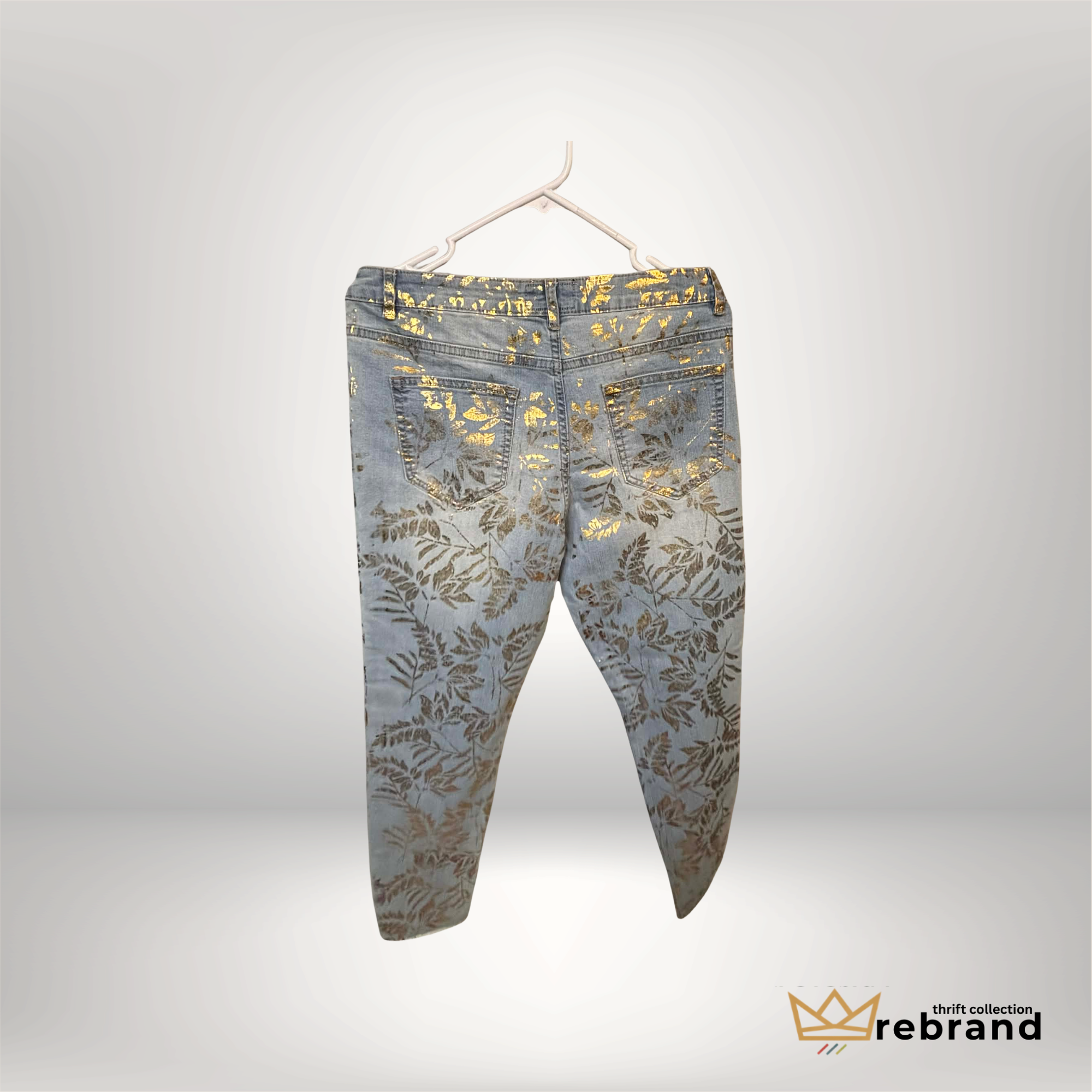 Gold Floral Jeans -"Frank Lyman" -Metallic Botanical Print Size- 34/L (2012-2016)