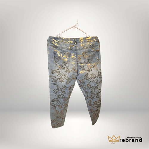 Gold Floral Jeans -"Frank Lyman" -Metallic Botanical Print Size- 34/L (2012-2016)