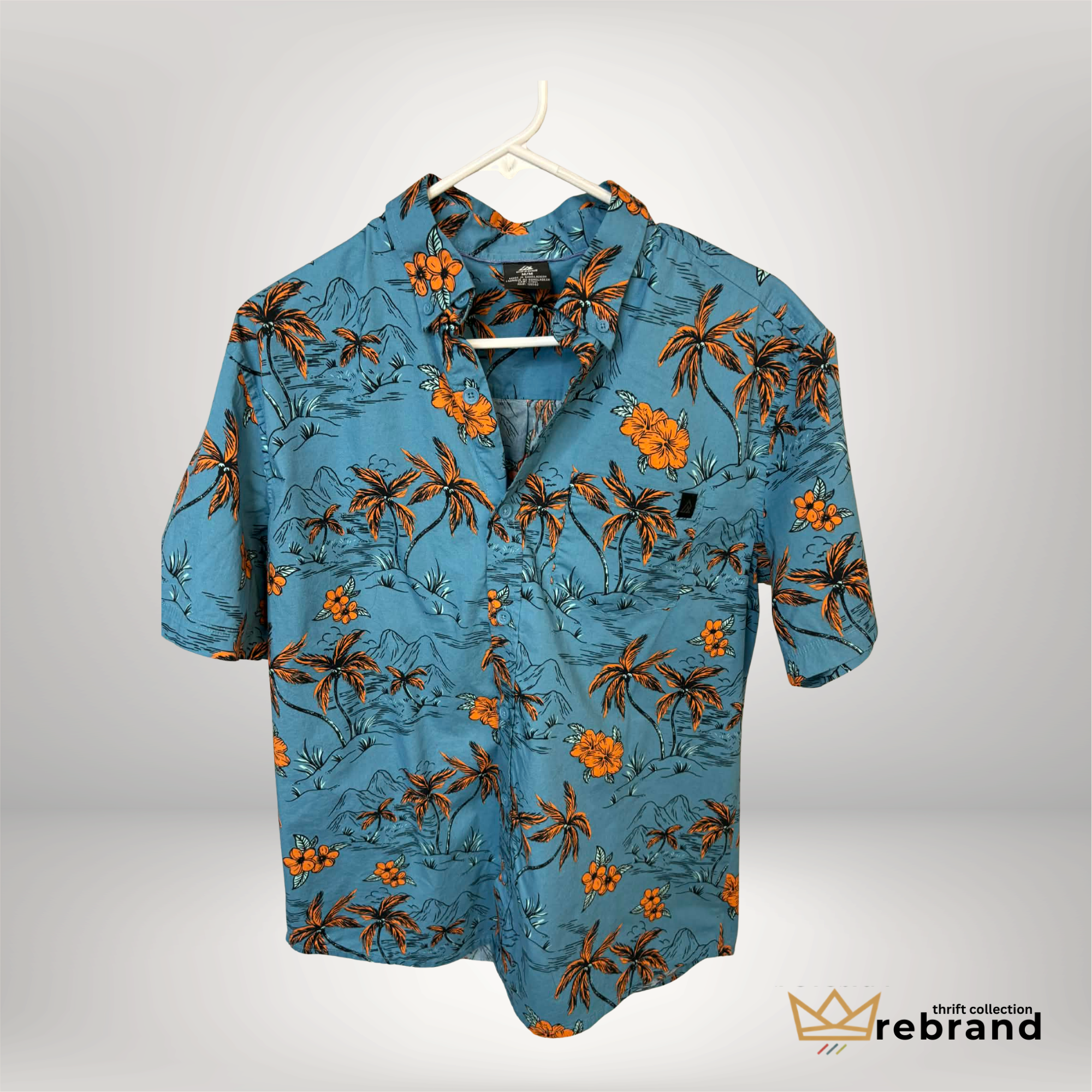 Ripzone Tropical Print Short Sleeve Button-Up Shirt – Blue & Orange Palm Print – Men’s Medium
