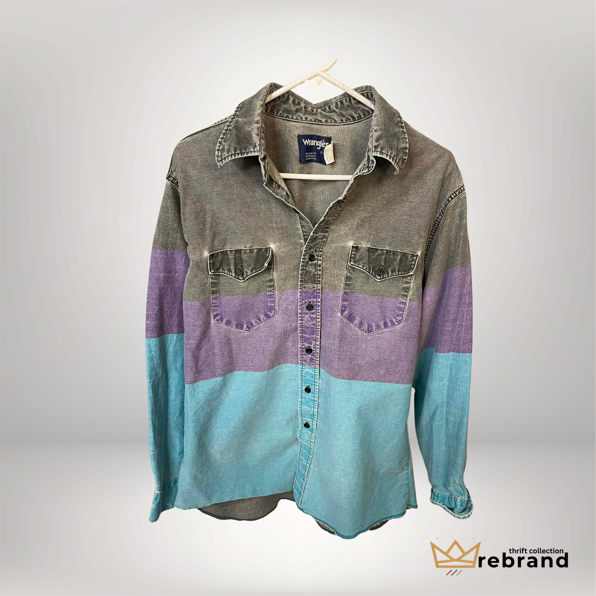 Y2K Denim Shirt Colour-Block— "Wrangler" - Grey //Teal/Purple- Size L (1998-2004)