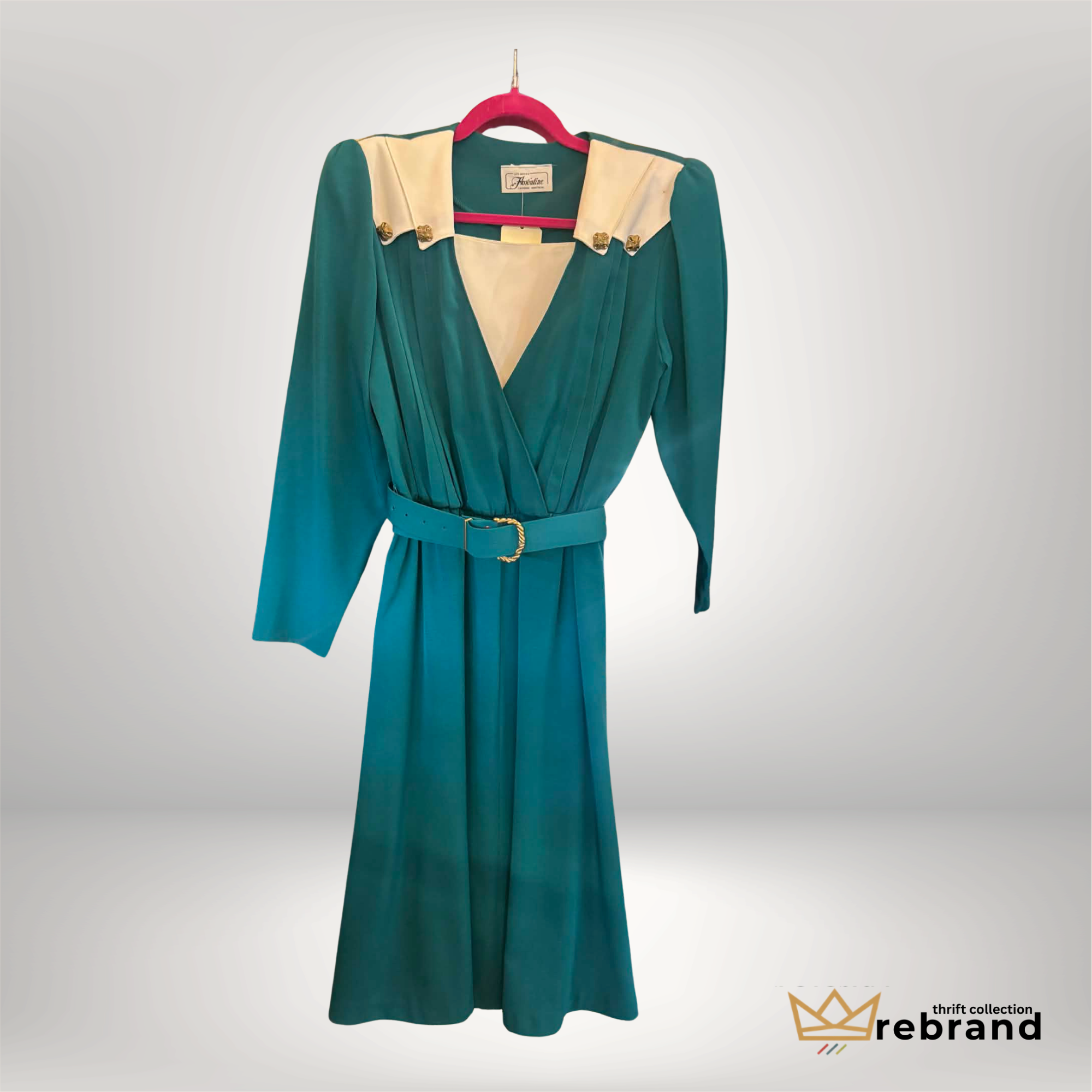 Vintage Florentine Emerald Belted Dress Gold Button Collar Size Medium