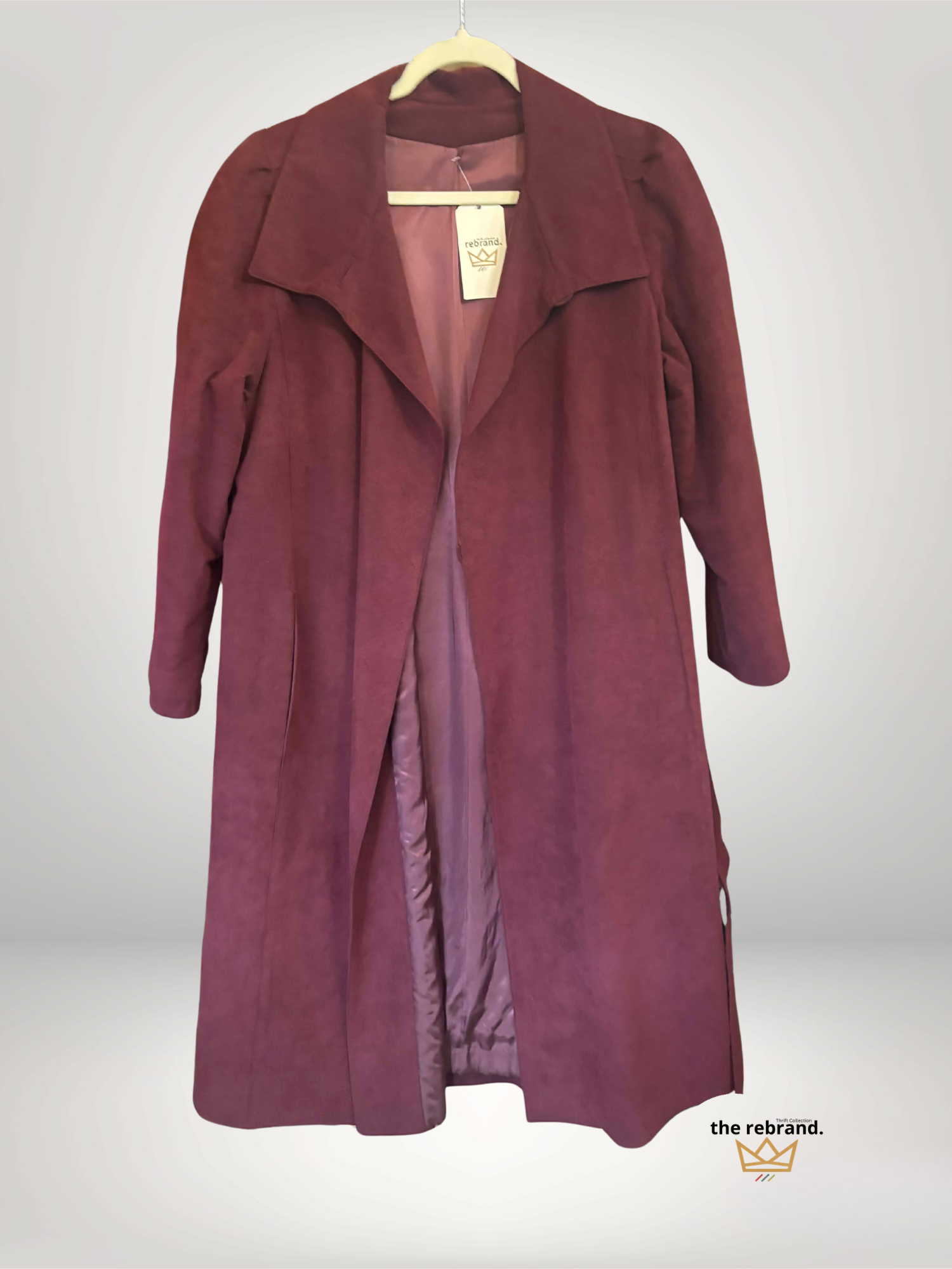 Vintage Burgundy Faux Suede Duster Coat | Tie Waist Longline Jacket | Size M/L