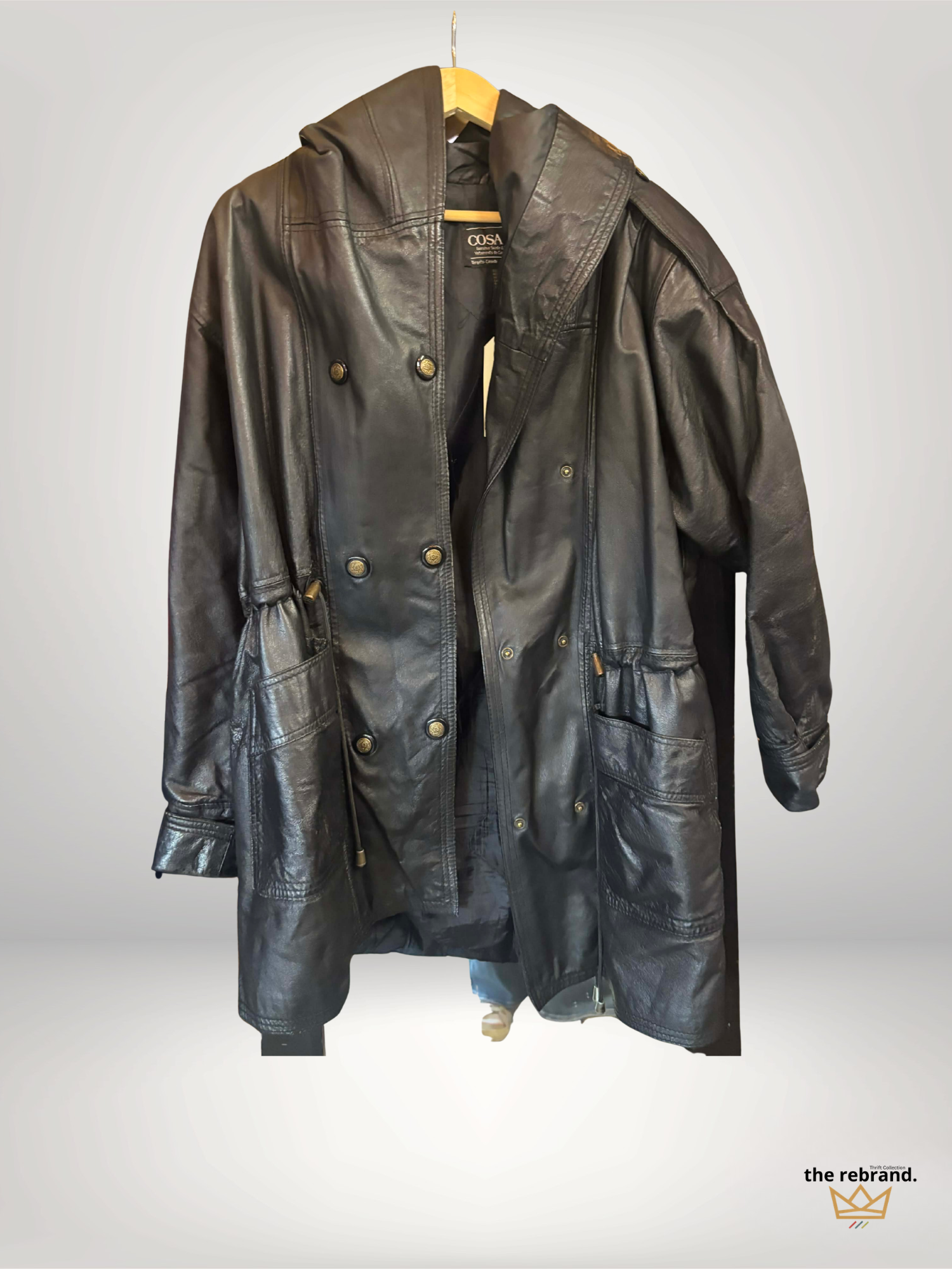 Vintage 1980s Cosa Nova Black Leather Hooded Jacket Coat Women’s Medium Oversized Statement Outerwear