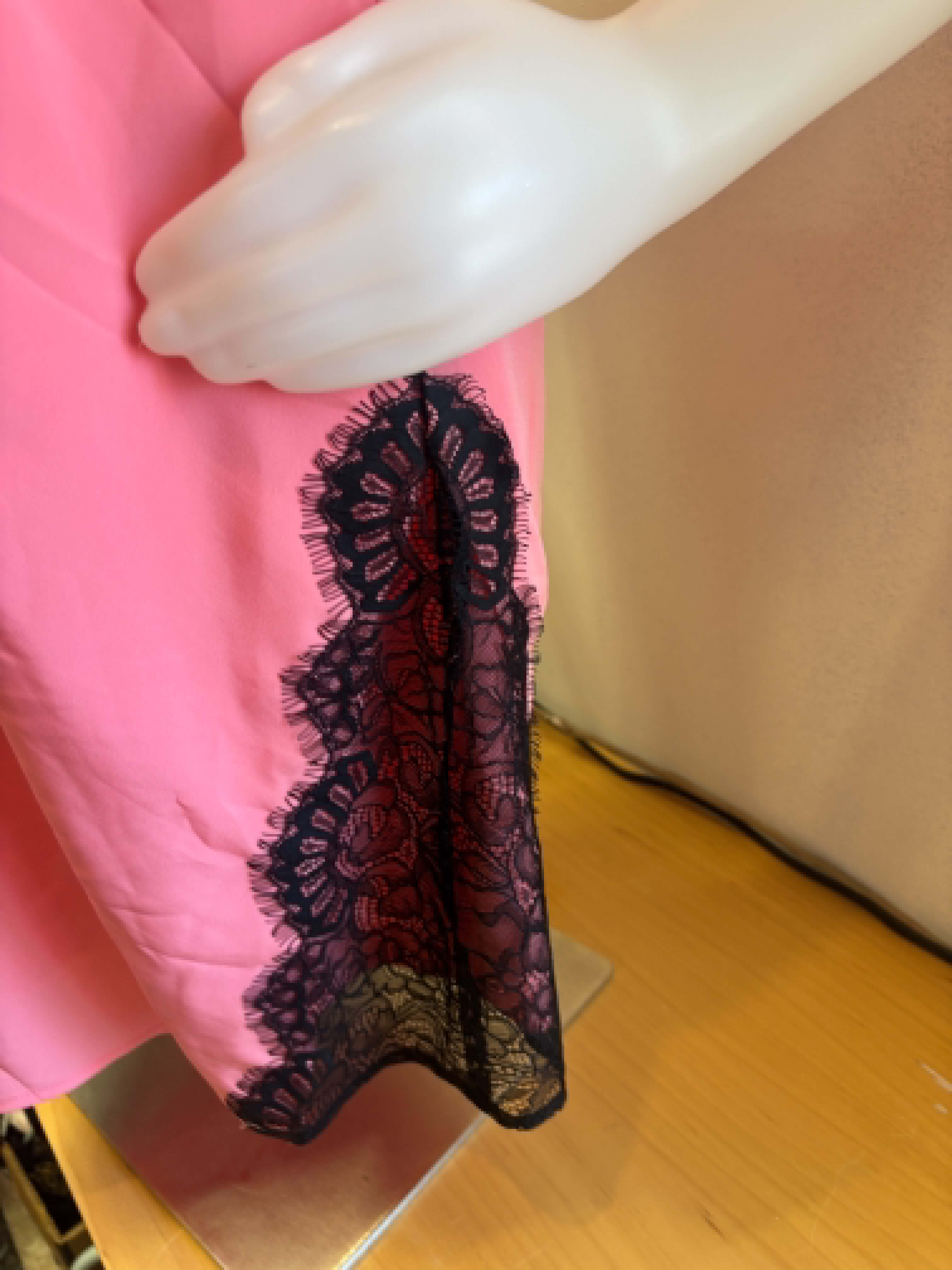 Central Park West Pink Shift Dress with Black Lace Panels - small oversized Slip