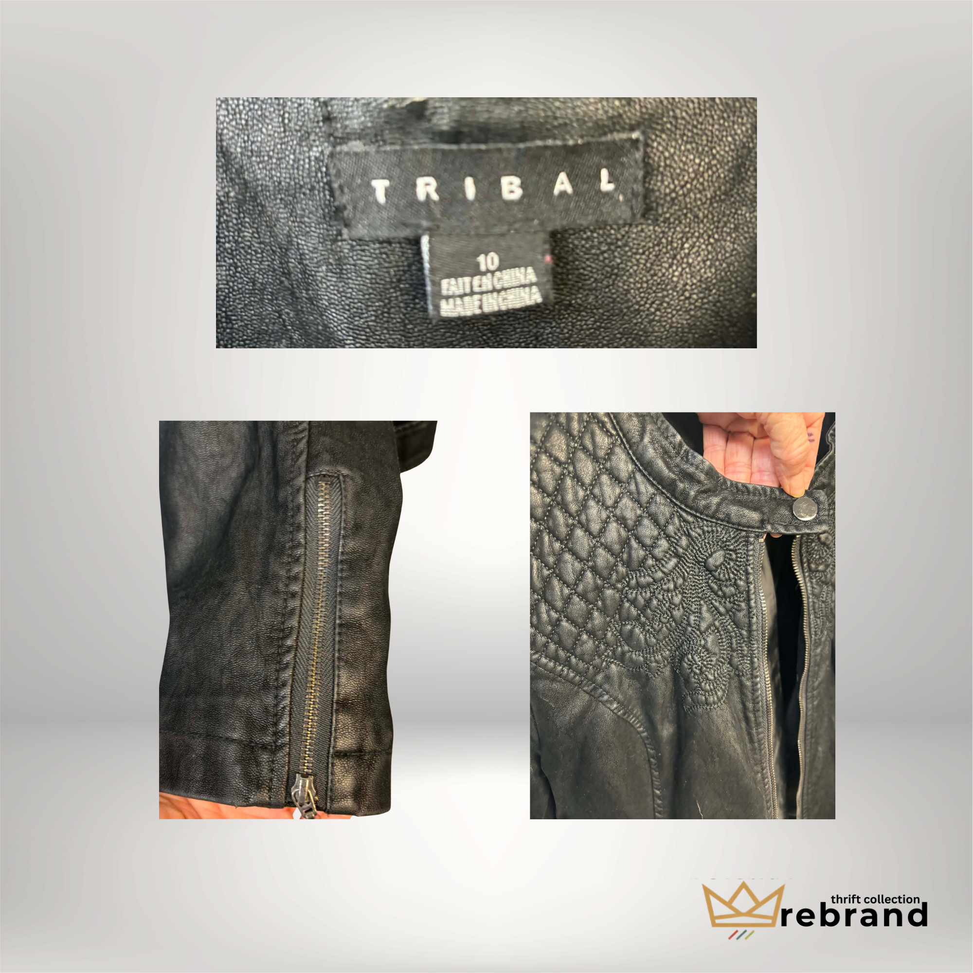 Y2K Quilted Leather Jacket - Tribal - Black - Size Small-Med (1990-2000)