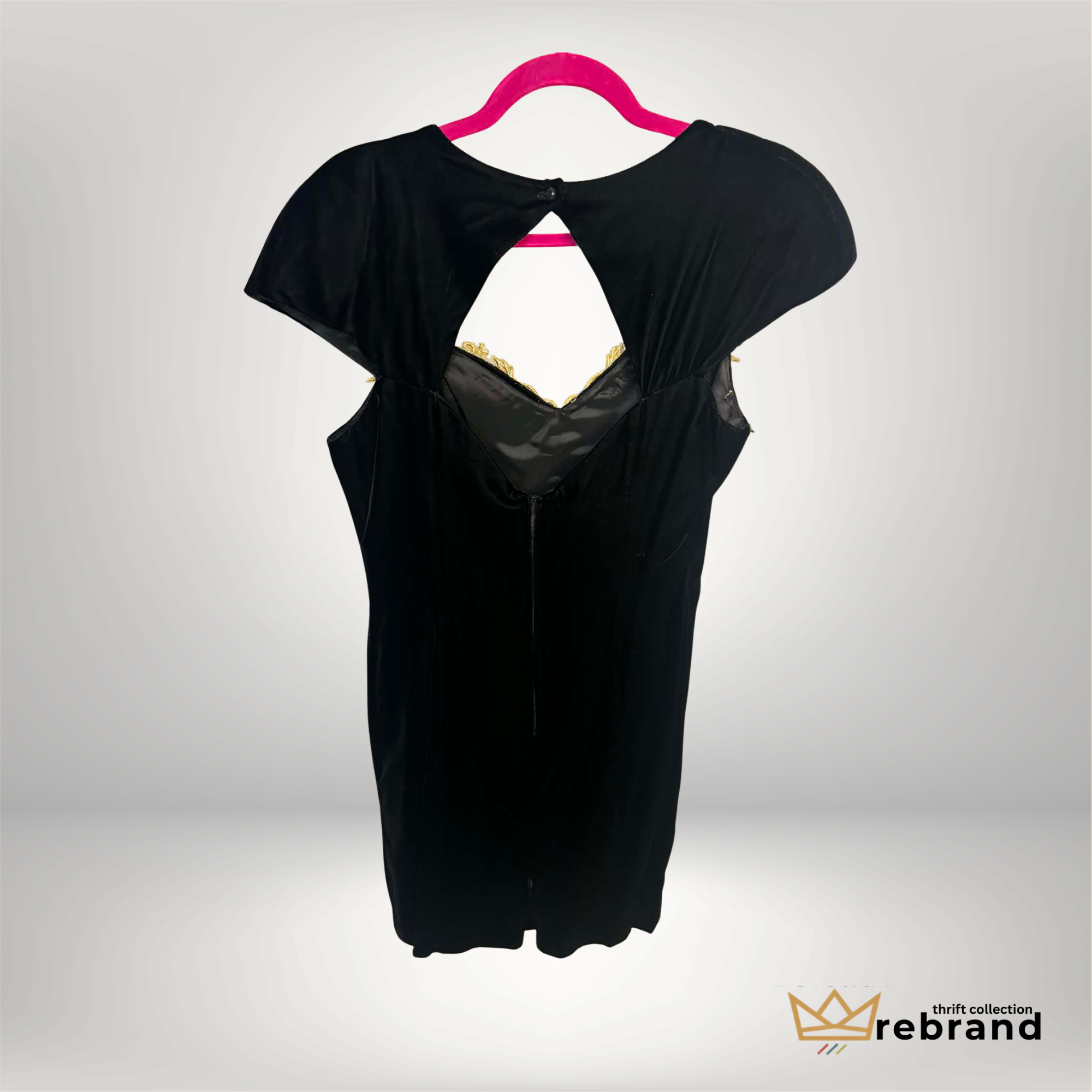 Vintage Black Velvet Dress – Zindor by ALCO – Gold Embroidered Neckline – Size M/L