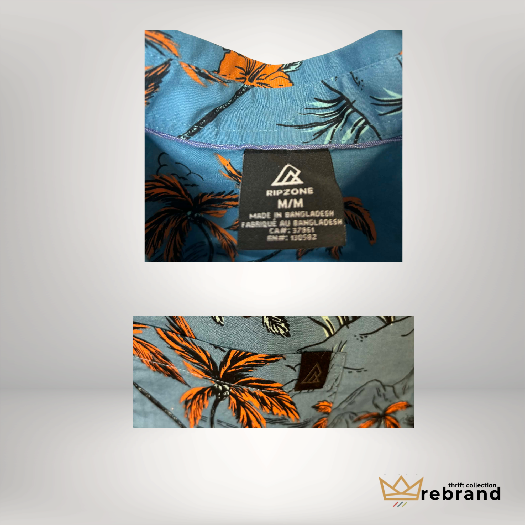Ripzone Tropical Print Short Sleeve Button-Up Shirt – Blue & Orange Palm Print – Men’s Medium
