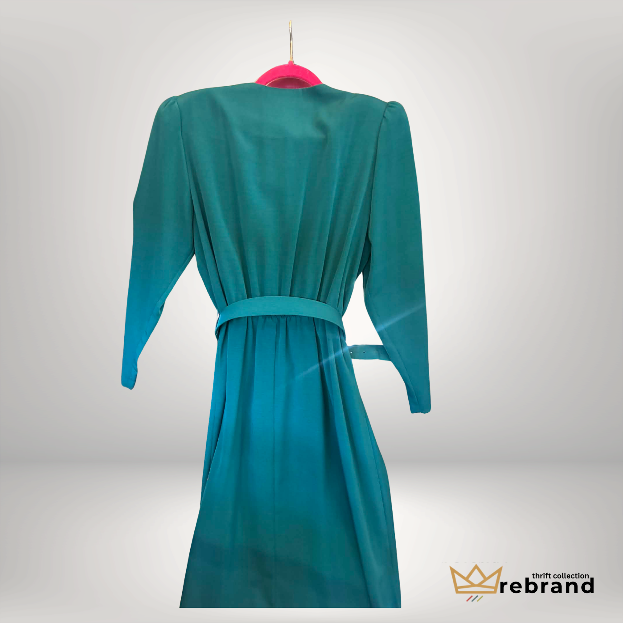 Vintage Florentine Emerald Belted Dress Gold Button Collar Size Medium