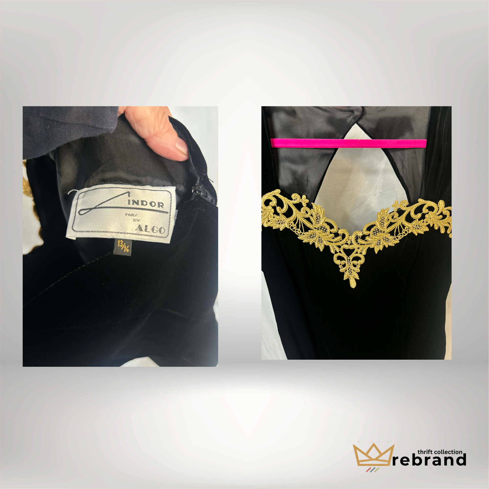 Vintage Black Velvet Dress – Zindor by ALCO – Gold Embroidered Neckline – Size M/L
