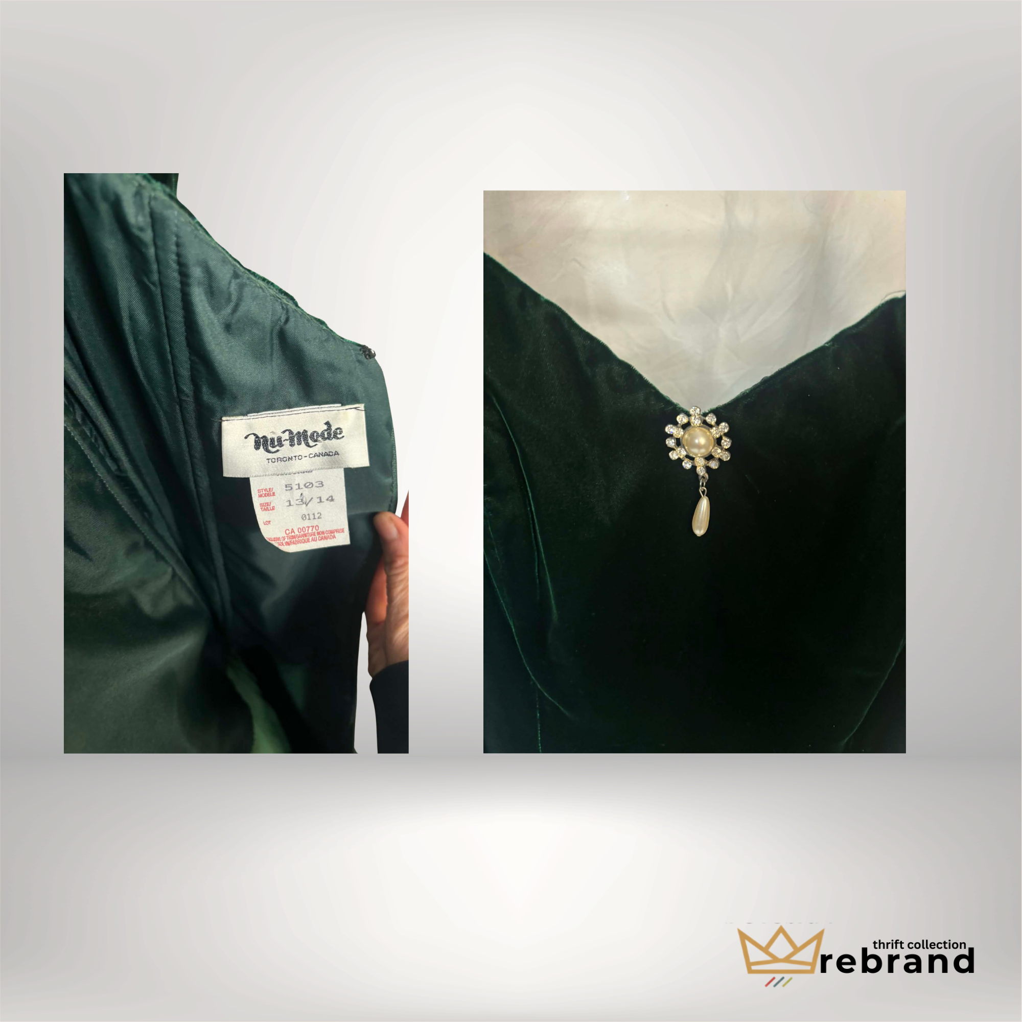 Vintage Emerald Velvet Dress – Nu-Mode Toronto – Pearl Brooch Detail – Puff Sleeve Evening Dress