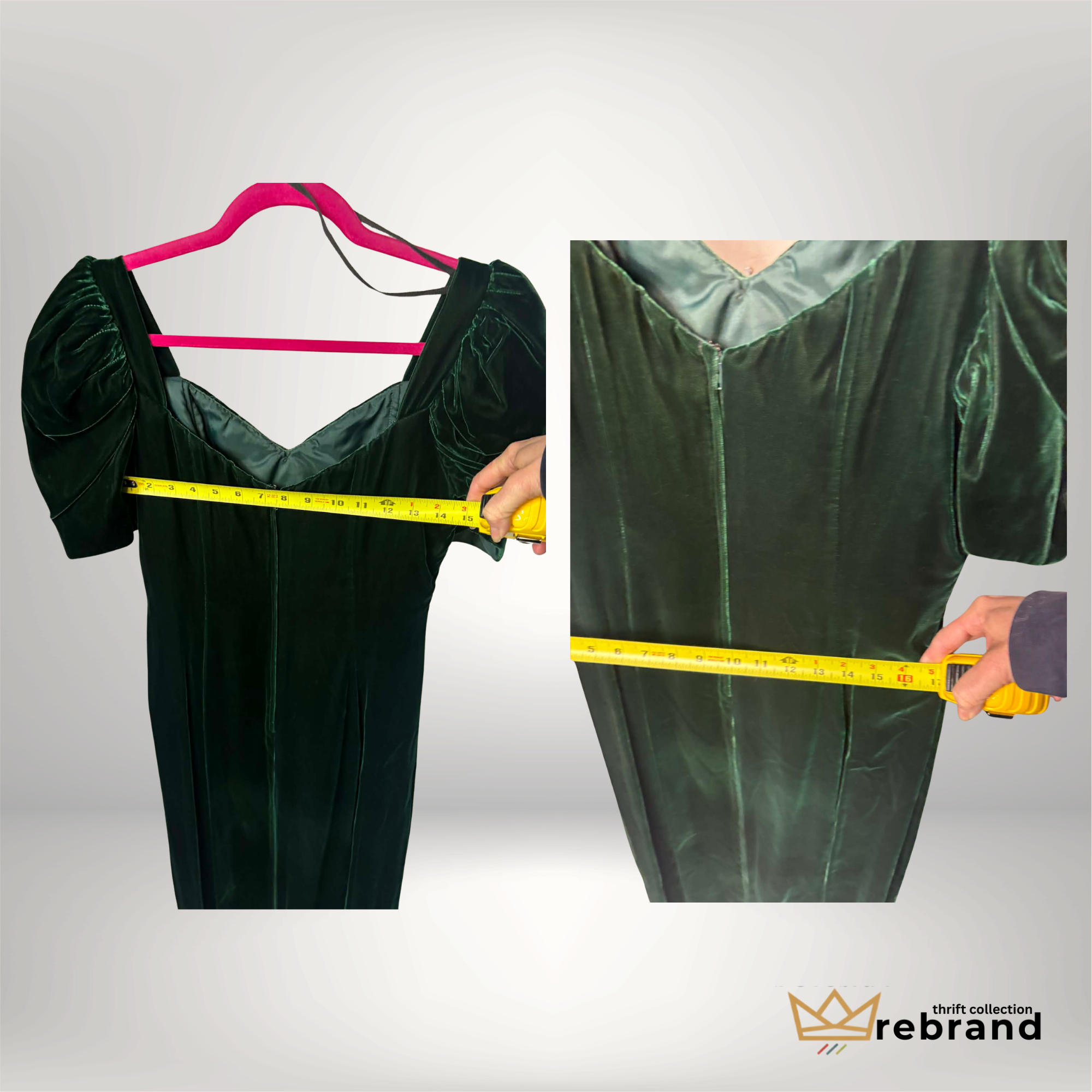 Vintage Emerald Velvet Dress – Nu-Mode Toronto – Pearl Brooch Detail – Puff Sleeve Evening Dress