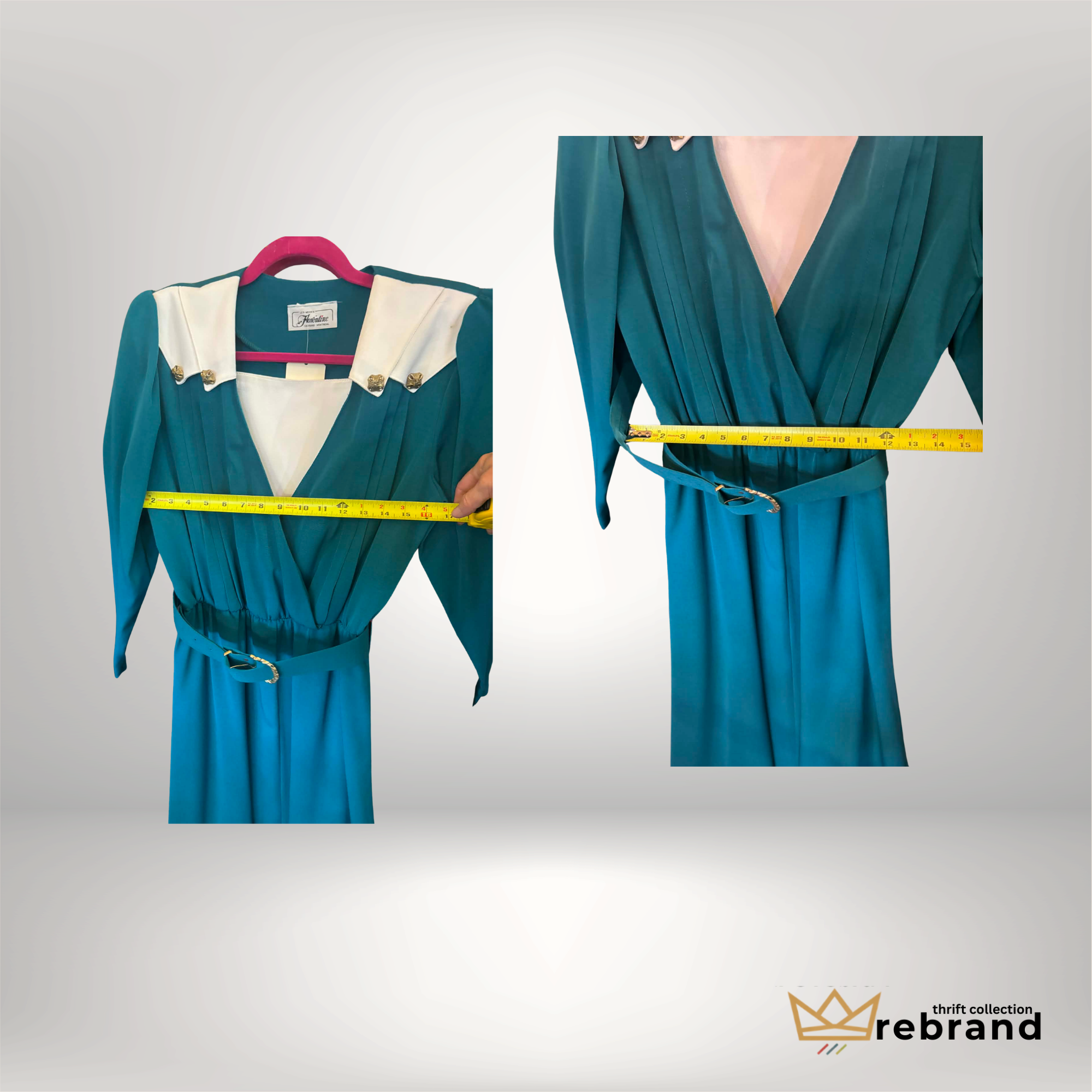 Vintage Florentine Emerald Belted Dress Gold Button Collar Size Medium