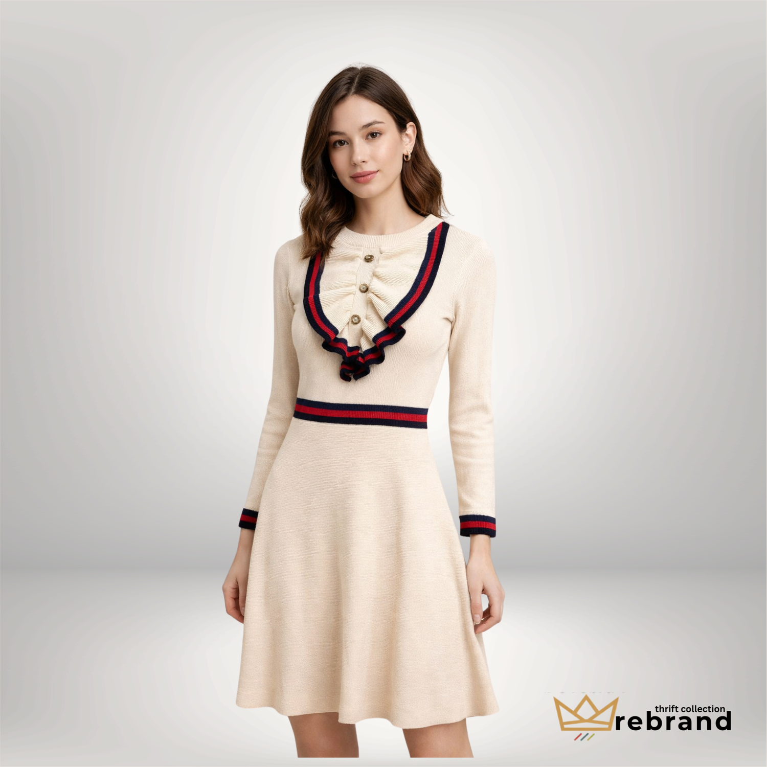 Preppy Knit Ruffle Collar Dress – Cream with Red & Navy Stripe | Size Small