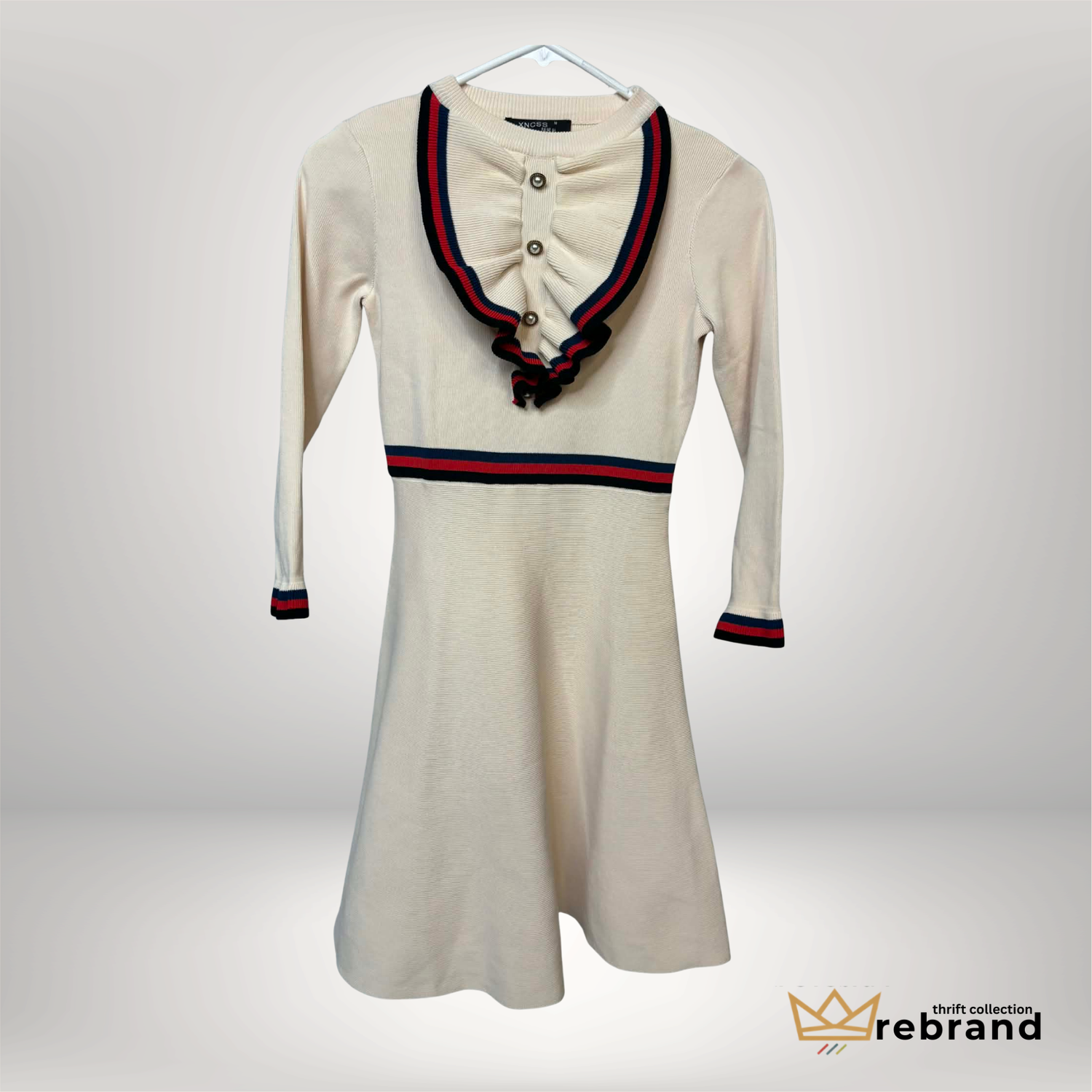 Preppy Knit Ruffle Collar Dress – Cream with Red & Navy Stripe | Size Small