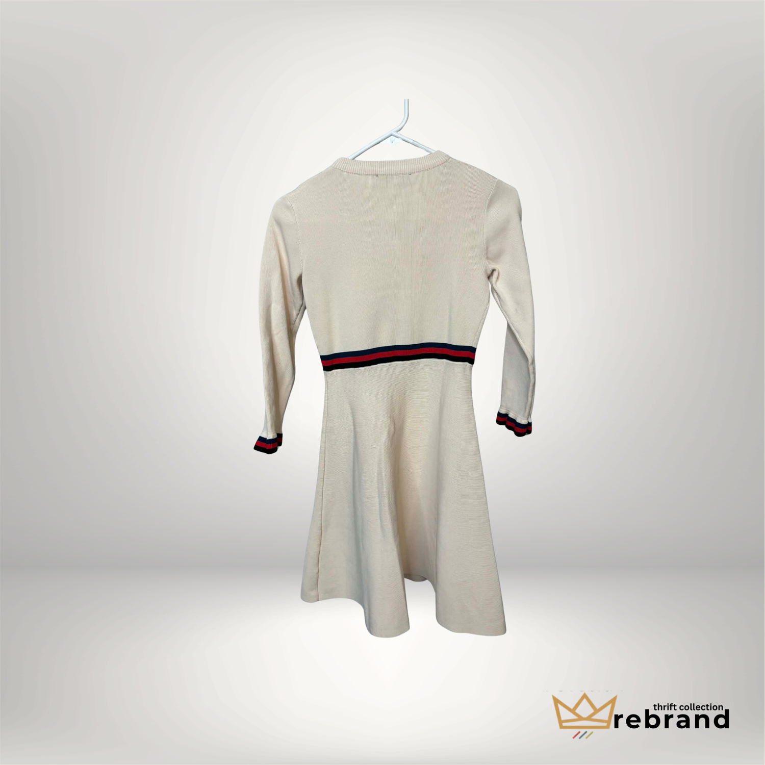 Preppy Knit Ruffle Collar Dress – Cream with Red & Navy Stripe | Size Small