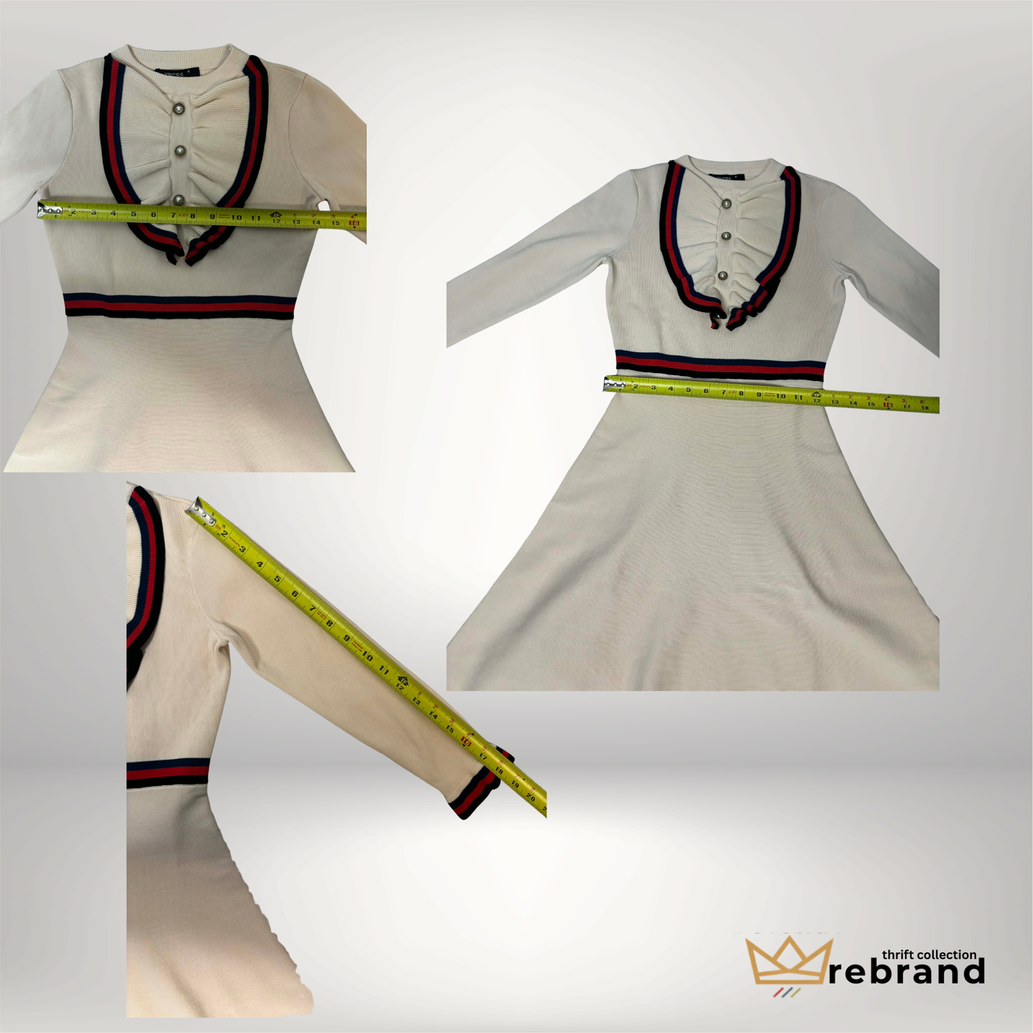 Preppy Knit Ruffle Collar Dress – Cream with Red & Navy Stripe | Size Small
