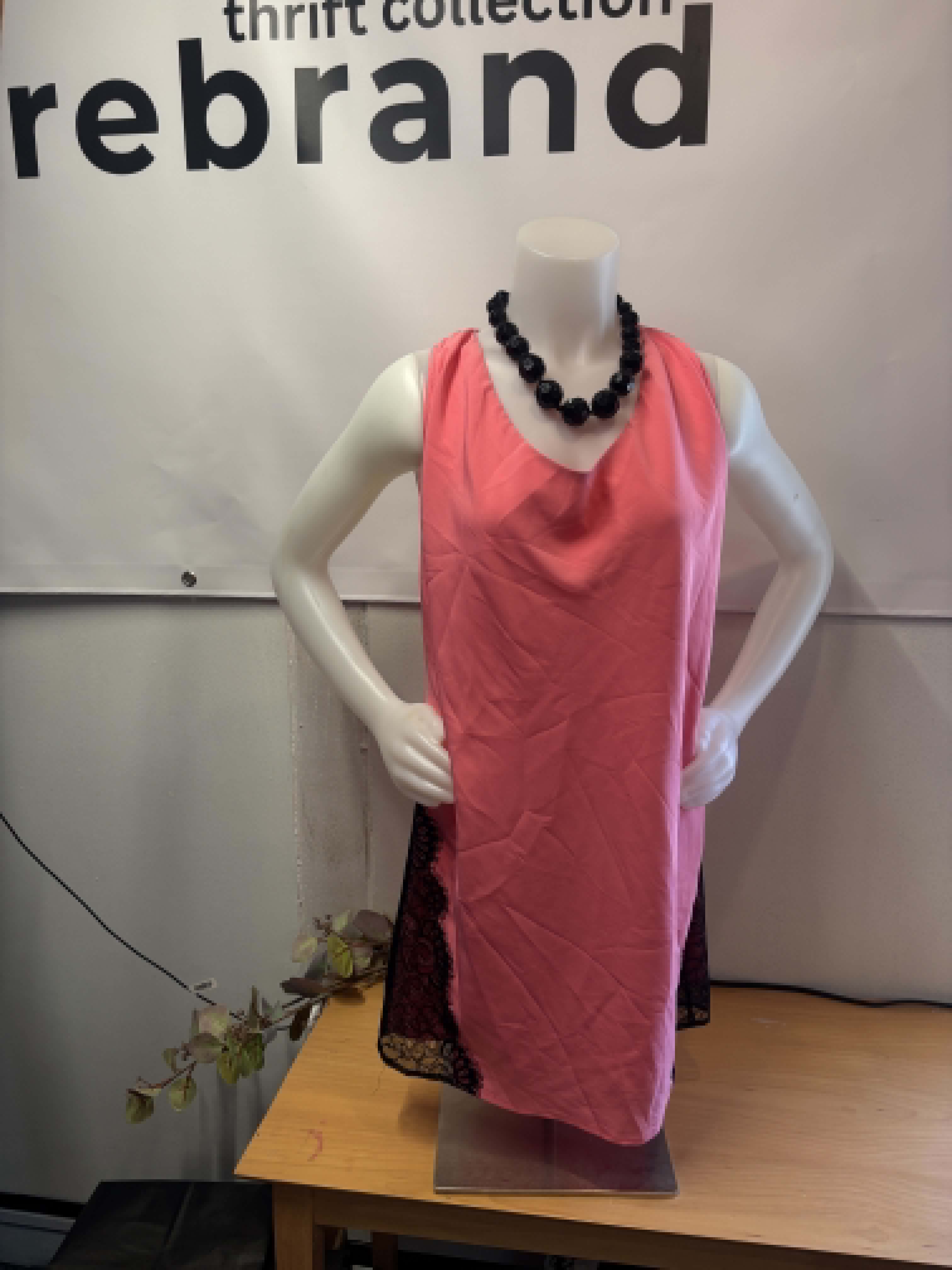 Central Park West Pink Shift Dress with Black Lace Panels - small oversized Slip
