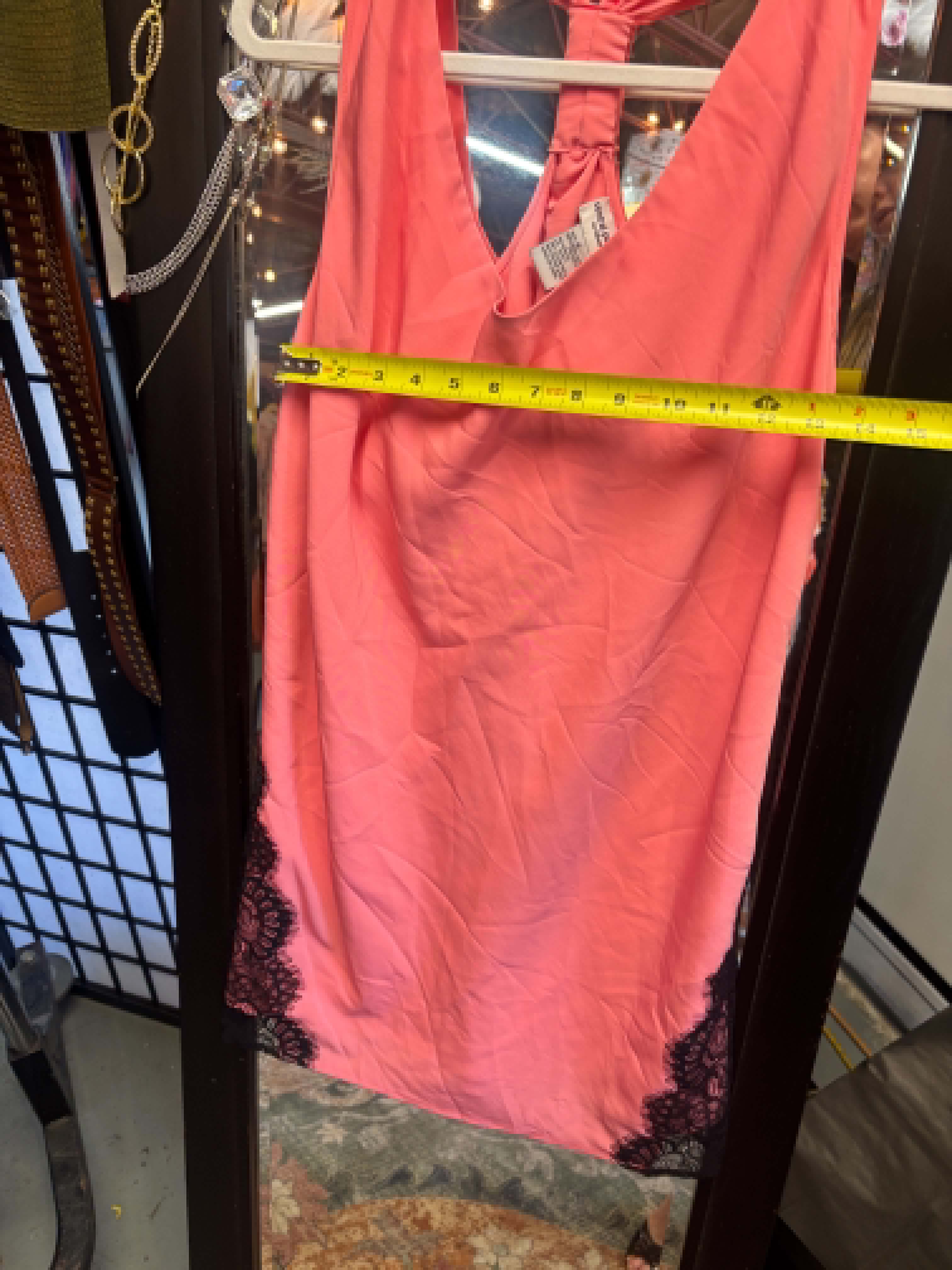 Central Park West Pink Shift Dress with Black Lace Panels - small oversized Slip