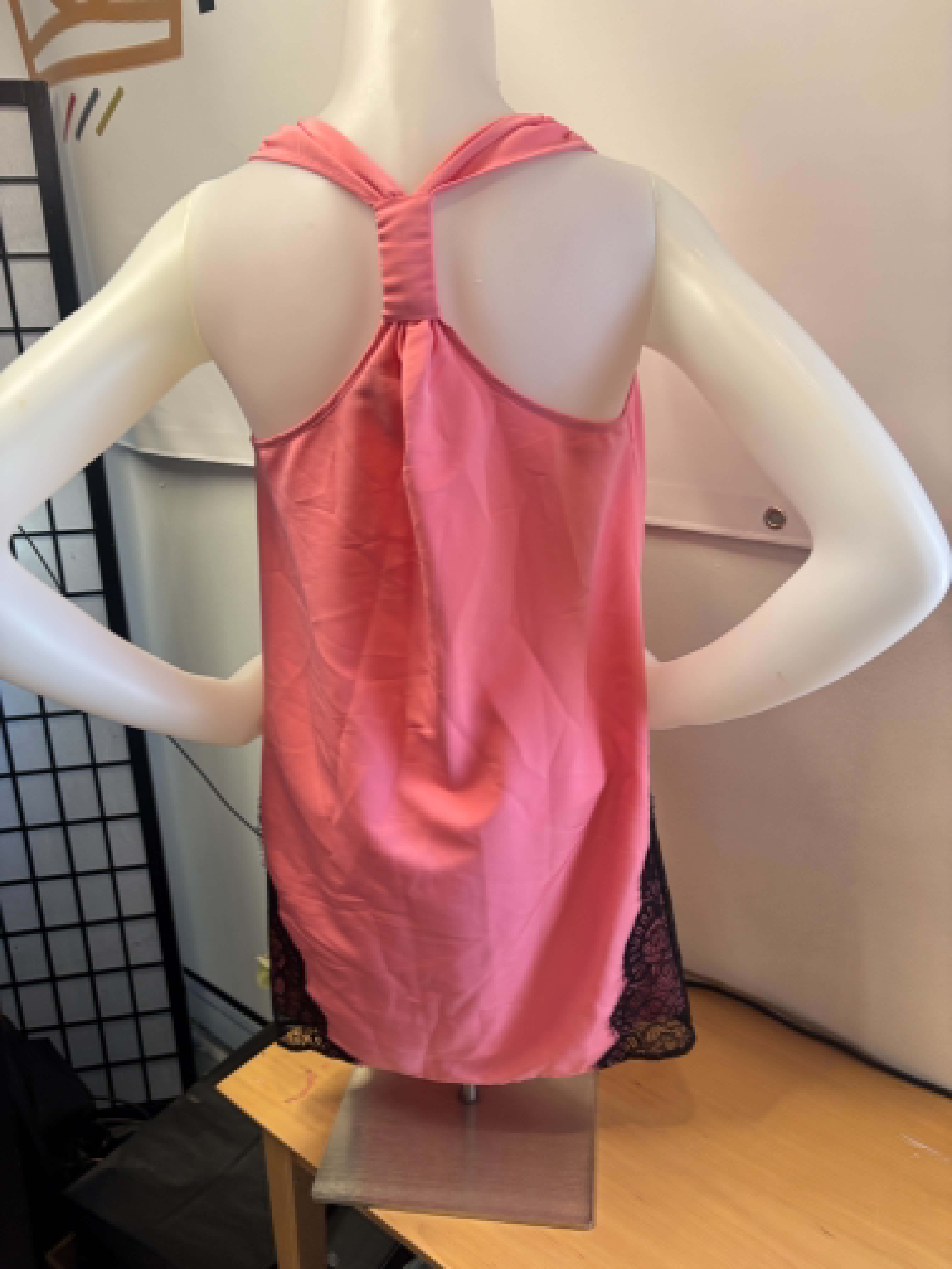 Central Park West Pink Shift Dress with Black Lace Panels - small oversized Slip